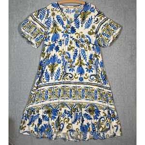 Fig And Flower Maxi Dress Womens XL Blue Floral Tiered Ruffle Tie Boho Muumuu